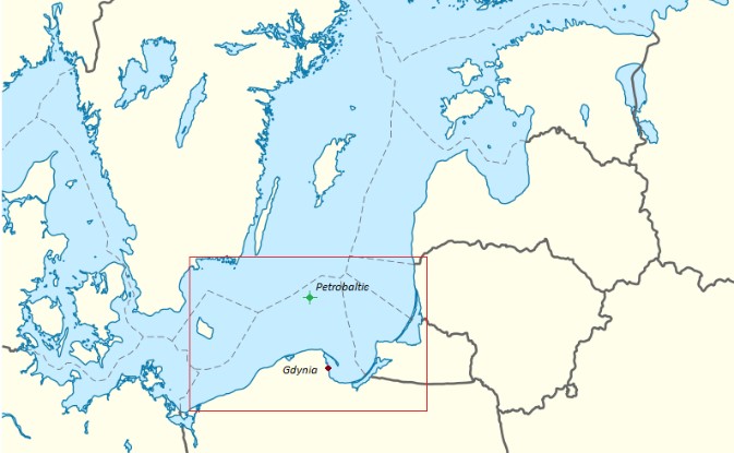 Obszar Bałtyku Południowego z zaznaczoną lokalizacją platformy Petrobaltic