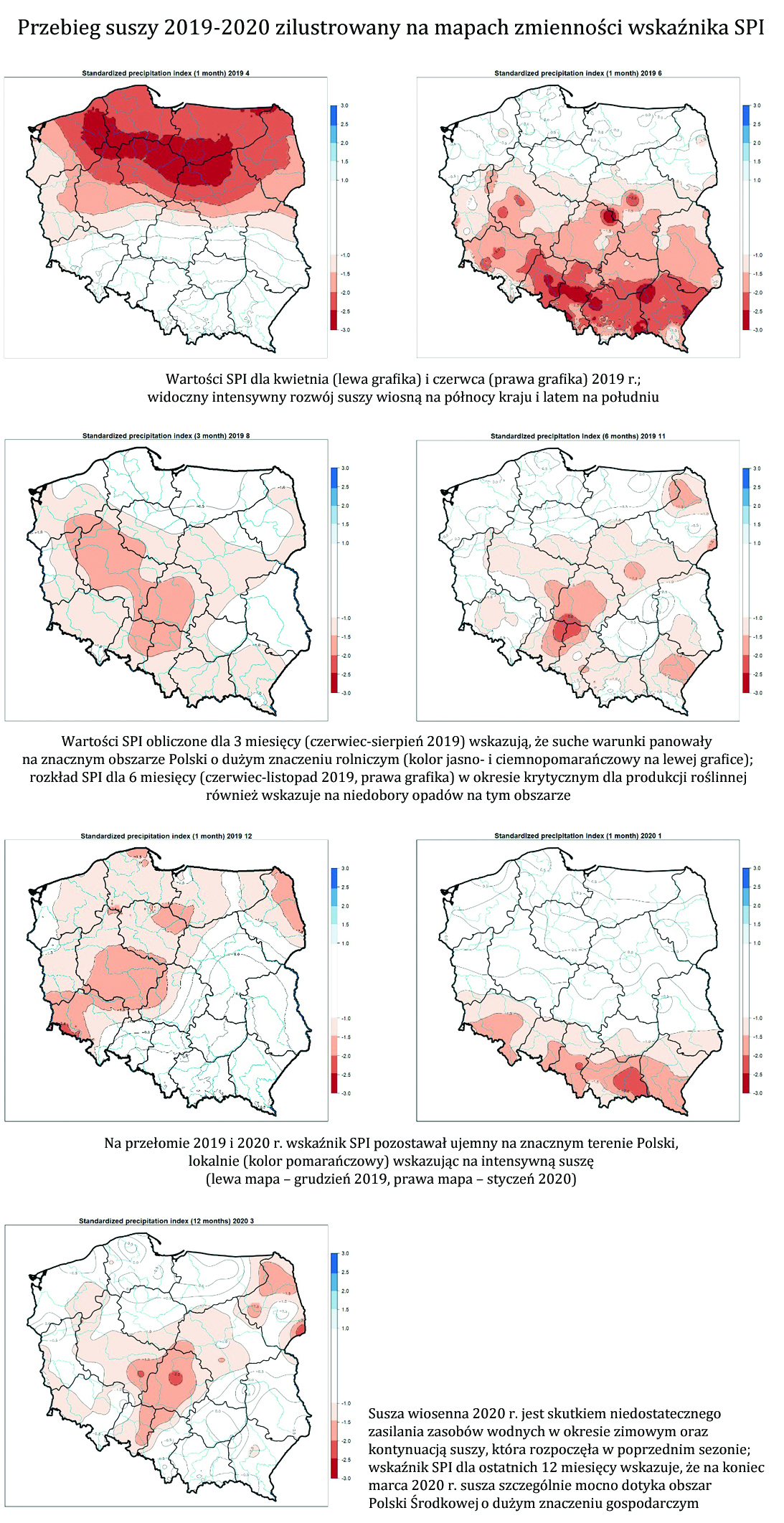 Przebieg suszy 2019-2020 zilustrowany na mapach zmienności wskaźnika SPI