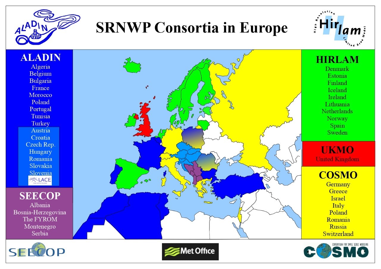 Mapa podziału Europy na poszczególne konsorcja; w 2021 r. kraje konsorcjum ALADIN, HIRLAM i LACE połączą się w jedną grupę (źródło: Eumetnet, Patricia Pottier)