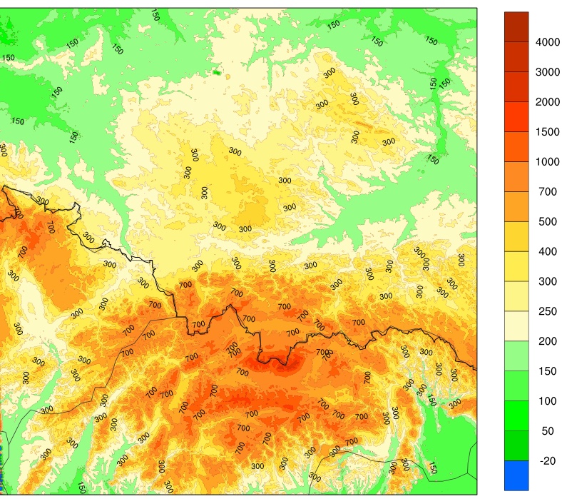 Topografia modelu AROME o rozdzielczości 0.5 km – testowa domena dla Tatr; przy tak dobrej rozdzielczości widać poszczególne pasma górskie oraz doliny rzek (źródło: Zakład Prognoz Numerycznych ALADIN)