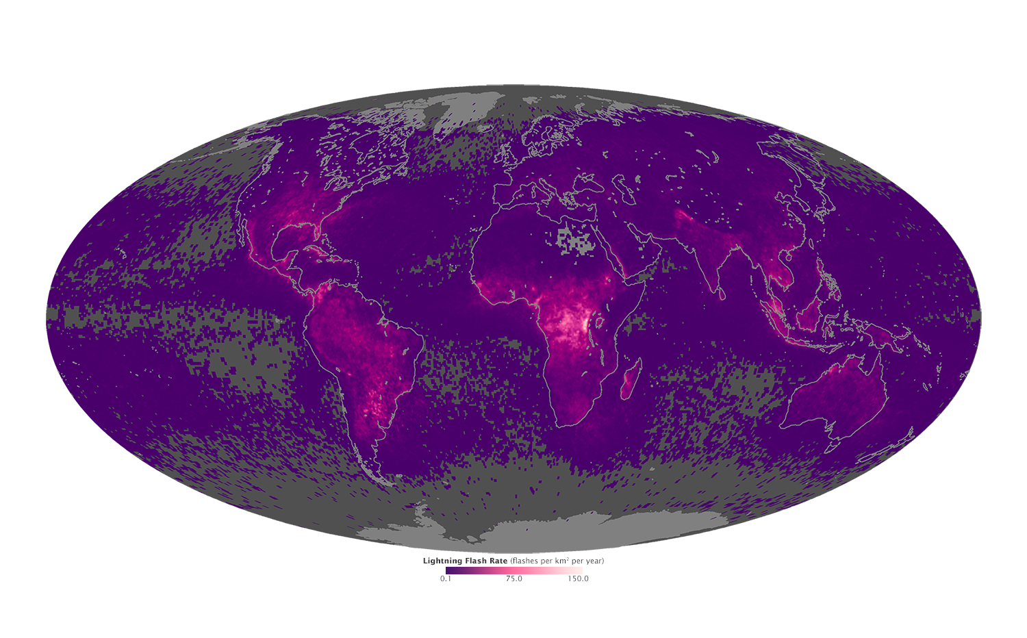 Mapa średniej rocznej liczby uderzeń pioruna na kilometr kwadratowy w latach 1995-2013