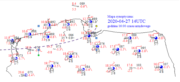 Linia frontu bryzowego widoczna na mapie synoptycznej Polski