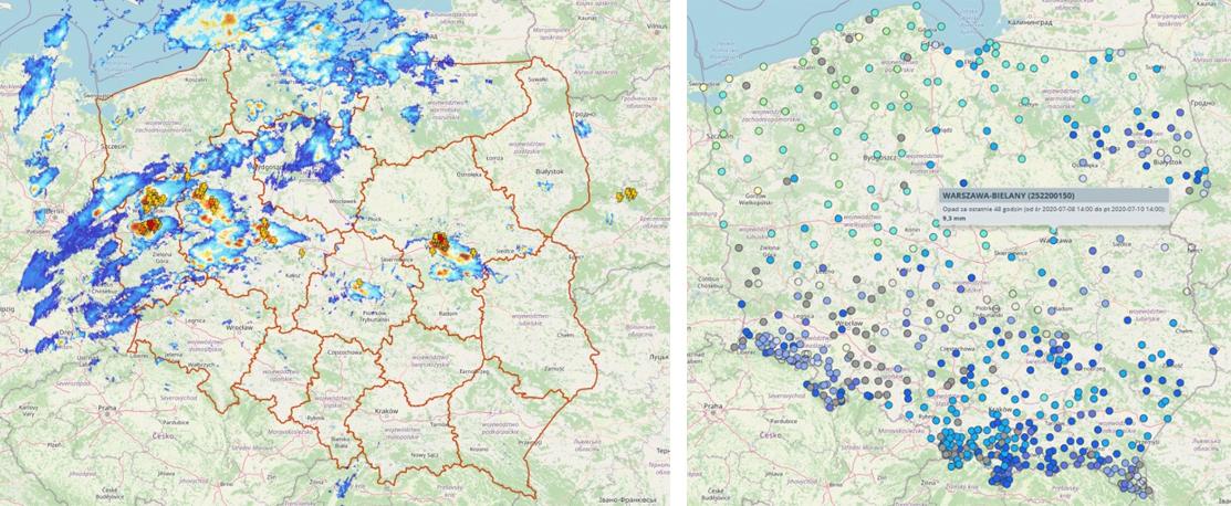 Map showing radar and lightning data (left graphic) and precipitation totals for 48 hours at observation stations (right graphic).