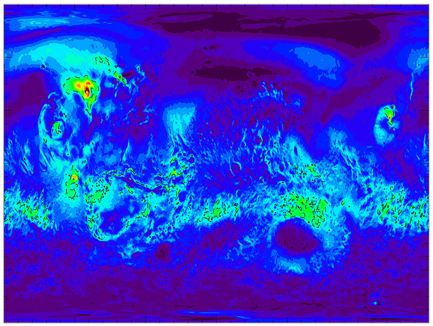 Global simulation of wind force on the surface of Mars. Scientists use this information to identify areas on the planet's surface where dust is likely to float and sandstorms form (source: NASA).
