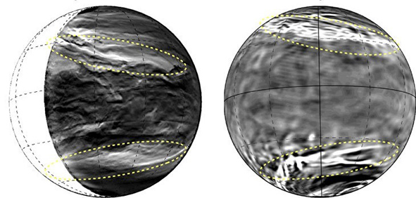 Porównanie obrazów chmur Wenus uzyskanych w symulacji AFES-Venus (po prawej) oraz za pomocą kamery Akatsuki IR2 (po lewej). 