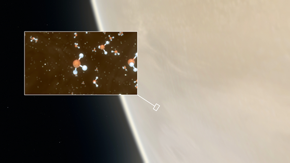Wizualizacja budowy cząsteczek fosforowodoru (PH3) wykrytych w atmosferze Wenus; w tle fragment zachmurzonej planety Wenus