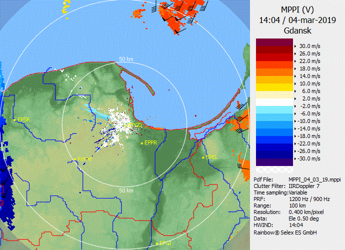 Radar Gdańsk, produkt PPI(V) i HWIND – prędkość radialna (m/s) oraz chorągiewki wiatru; 04.03.2019, godz. 14:04-16:34 UTC. Dane pochodzą z kąta elewacji 0,5°, co przekłada się na wysokość od kilkudziesięciu metrów nad gruntem przy radarze do około 1 km w odległości 100 km od radaru; wiele chorągiewek wskazuje na prędkość wiatru ≥ 25 m/s.