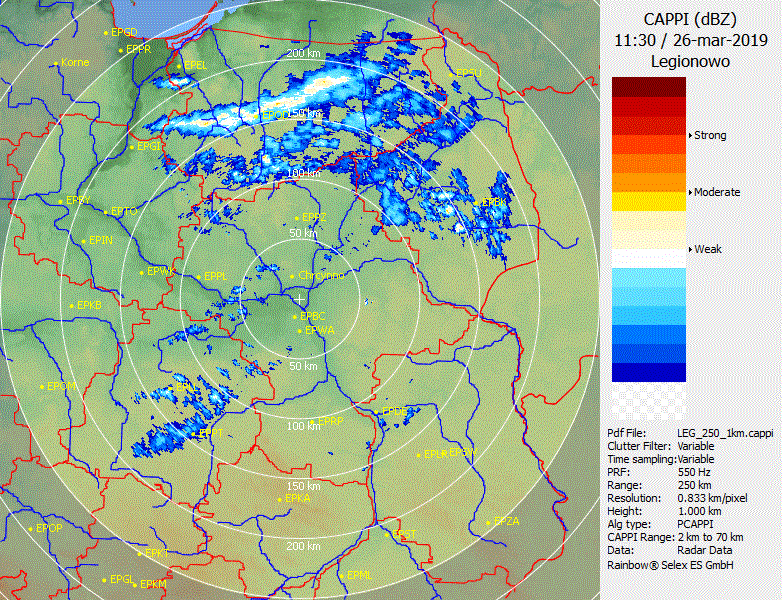 Animacja z radaru w Legionowie z widocznym rozwojem linii szkwałowej oraz nasilaniem się opadów w czasie jej przechodzenia przez północno-wschodnią Polskę