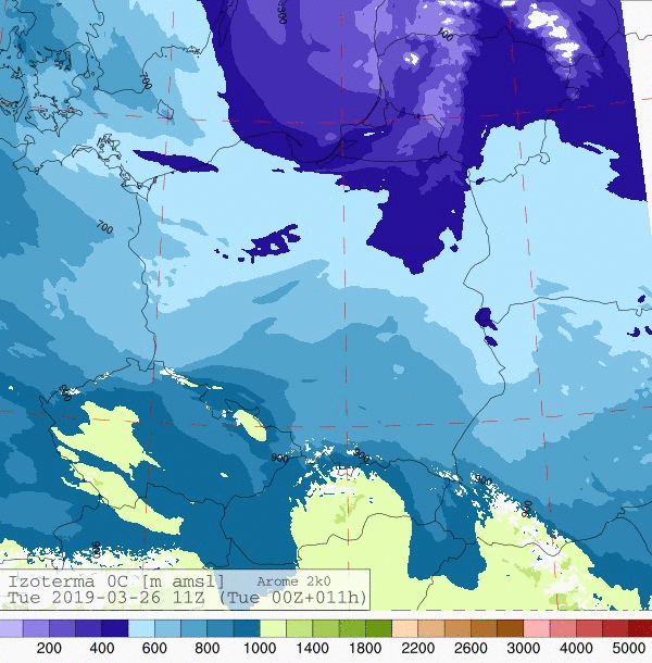 Prognoza położenia izotermy 0°C wg. modelu Arome. Zdecydowany napływ arktycznego powietrza spowodował śnieżyce w wiele miejscach wschodniej Polski