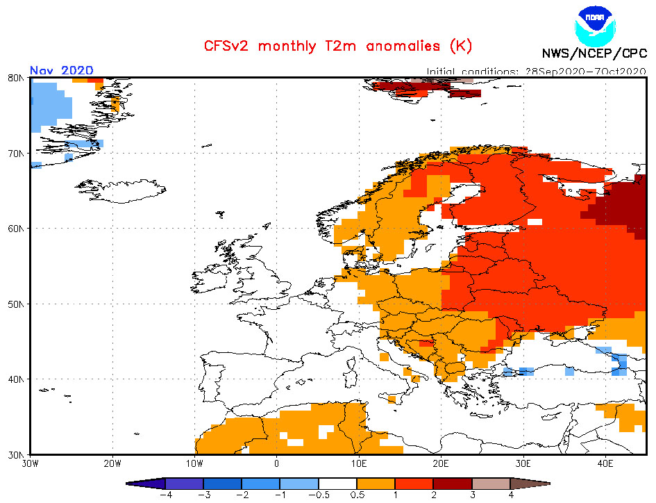 Prognoza CSFv2 odchyleń temperatury powietrza od średniej wieloletniej (źródło: Climate Prediction Center, Seasonal climate forecast from CFSv2)