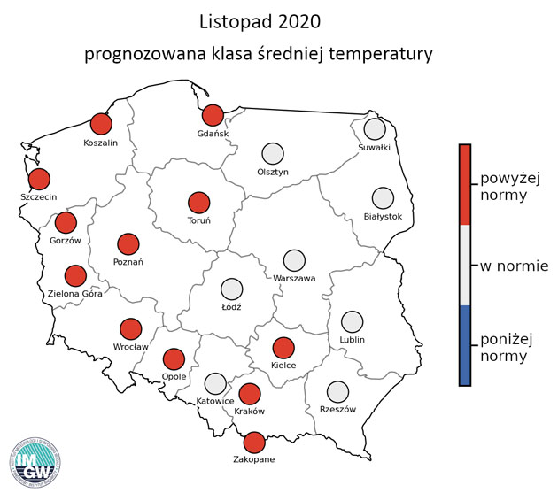Miesięczna prognoza najbardziej prawdopodobnej klasy średniej temperatury powietrza dla wybranych miast w Polsce wg modelu IMGW-Reg (źródło: opracowanie własne)