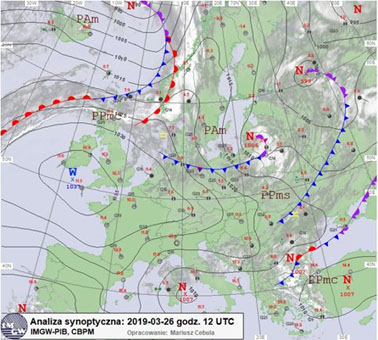 Sytuacja synoptyczna w Europie, 26.03.2019, godz. 12 UTC