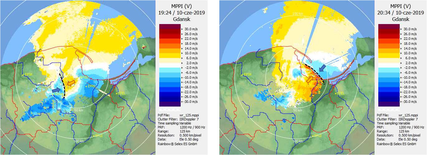 Radar Gdańsk, produkt PPI(V) – prędkość radialna (m/s) na kącie elewacji 0,5°, 10.06.2019, godz. 19:24 UTC i 20:34 UTC