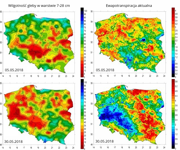 Mapy obrazujące zależność między zmianą wskaźnika wilgotności gleby w warstwie 7-28 cm a wartością ewapotranspiracji aktualnej.
