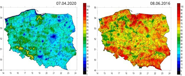 Maps showing the productivity rate at the beginning of vegetation (left graphic) and in high vegeta-tion season (right graphic).