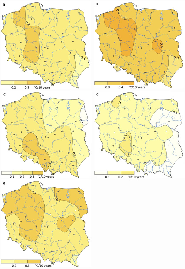 Trendy liniowe średniej rocznej oraz średniej sezonowej temperatury powietrza w Polsce (°C/10 lat): a – roczna, b – wiosny, c – lata, d – jesieni, e – zimy.