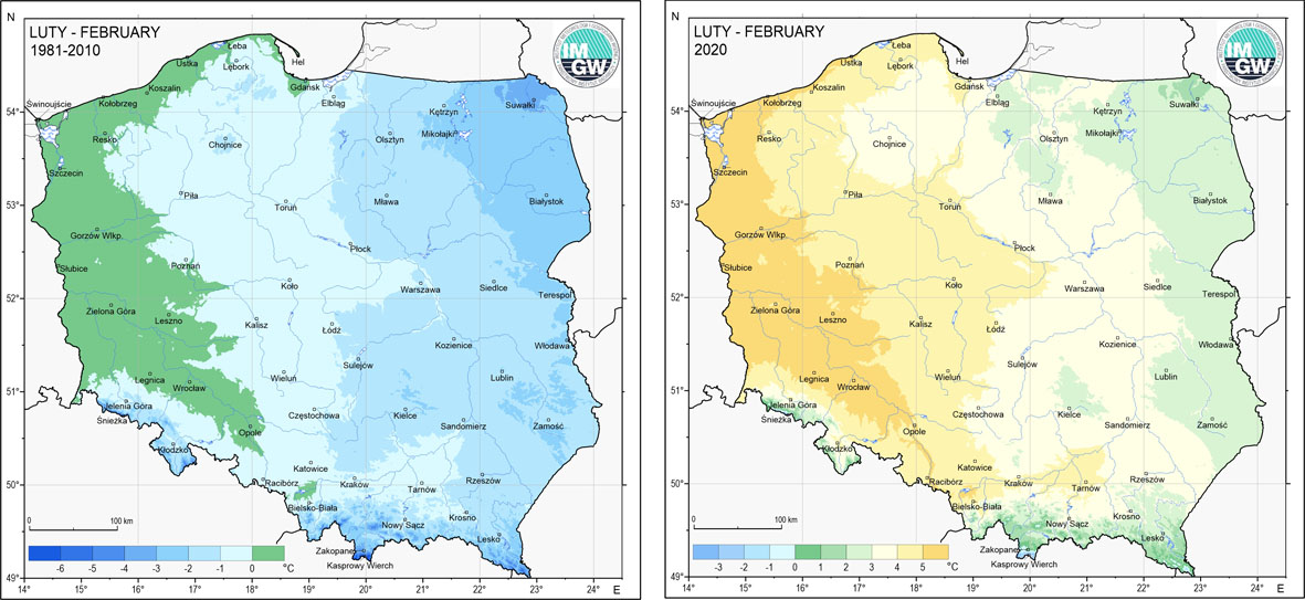 Średnia miesięczna temperatura powietrza w lutym w latach 1981-2010 (lewy panel) oraz w 2020 roku (prawy panel).