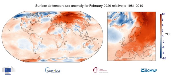 Anomalie temperatury powietrza w lutym 2020 roku na tle wielolecia 1981-2010 (źródło: Copernicus Climate Change Service/ECMWF).