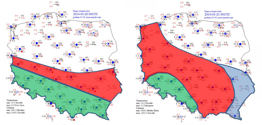 Mapy synoptyczne z 20 i 21 stycznia 2014 roku z zaznaczonym obszarem wystąpienia gołoledzi.