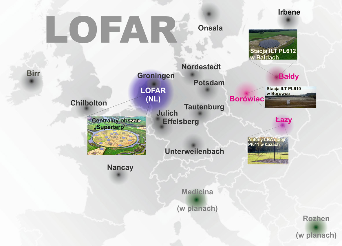 Mapa Europy z zaznaczonym rozmieszczeniem aktualnych i planowanych elementów radioteleskopu LOFAR.