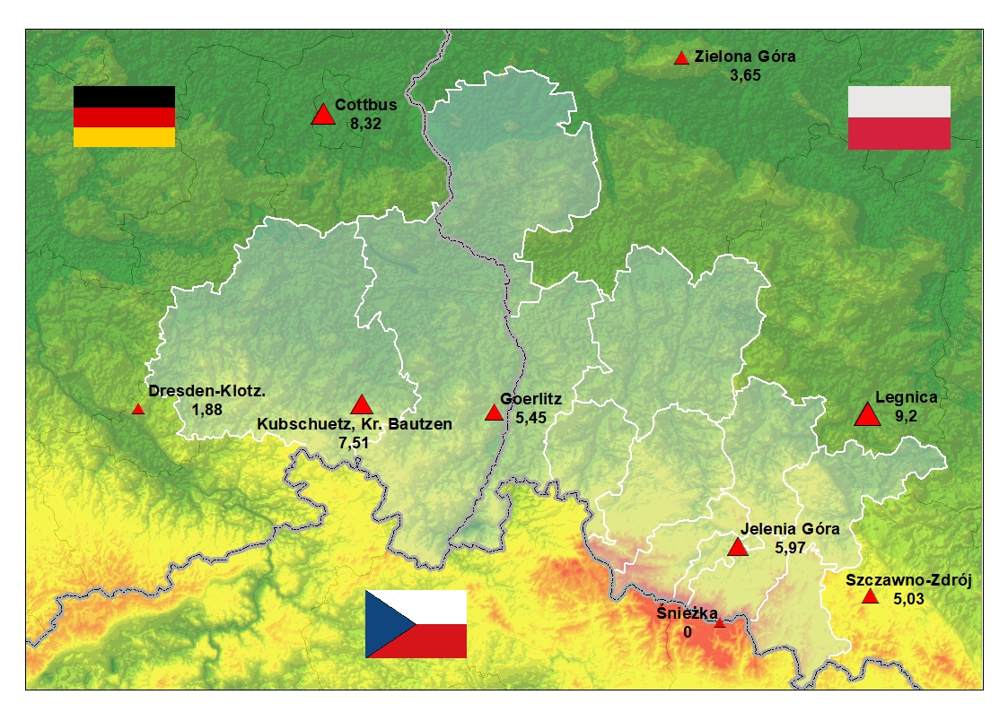 Zmiany średniej rocznej liczby dni upalnych (Tmax >30°C) w regionie granicznym Polska-Saksonia w latach 1971-2015.