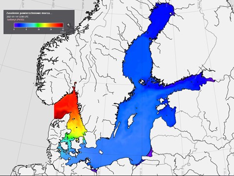 Mapa przedstawiająca rozkład zasolenia powierzchniowego w Bałtyku (źródło: www.satbaltyk.iopan.gda.pl).