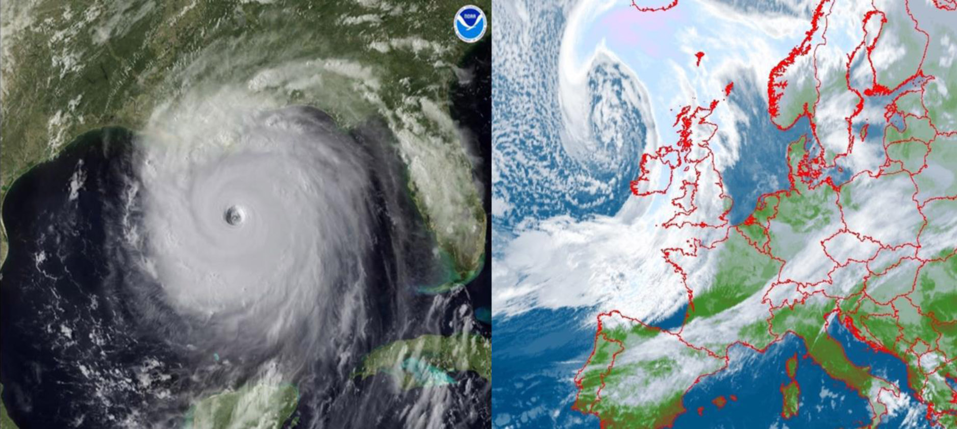 Obrazy satelitarne: huraganu (po lewej; źródło NOAA) i aktywnego niżu z układem frontów atmosferycznych z ośrodkiem w rejonie Wysp Brytyjskich (po prawej; źródło METEOSAT).