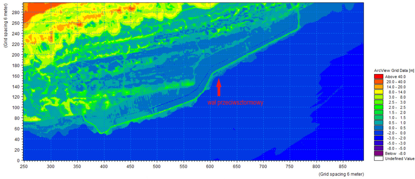 Uwzględnienie wału przeciwsztormowego w batymetrii terenu na Mierzei Wiślanej od strony Zalewu Wiślanego.
