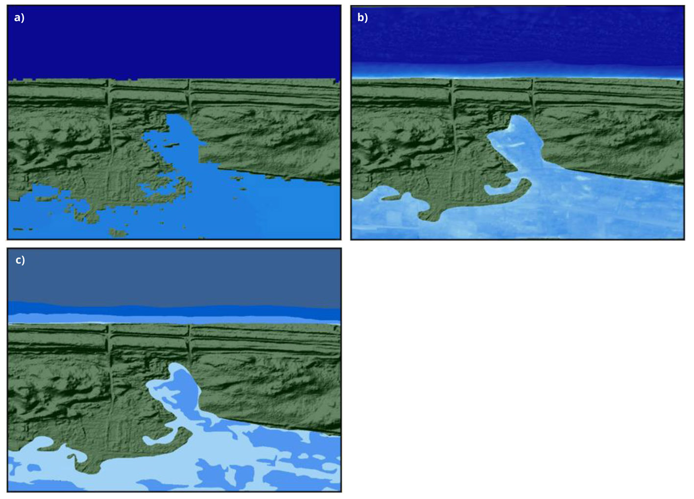 Etapy przetwarzania wyników modelowania hydrodynamicznego: a) numeryczny model powierzchni wody; b) raster głębokości wody; c) poligony klas głębokości.