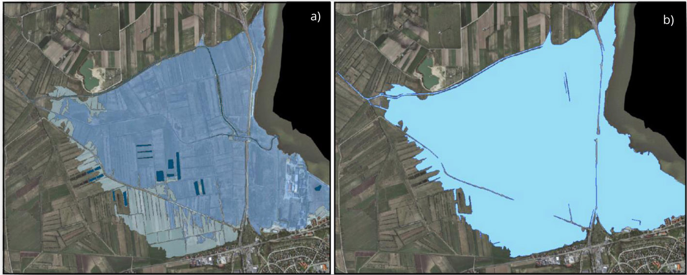 Mapy prezentujące: warstwę głębokości wody (a) i wynikowy obszar zagrożenia powodziowego (b).