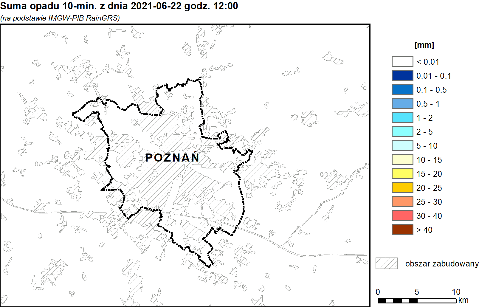 Animacja pól 10-minutowych sum opadów w Poznaniu 22 czerwca 2021 r., w godz. 12-16 czasu urzędowego. 