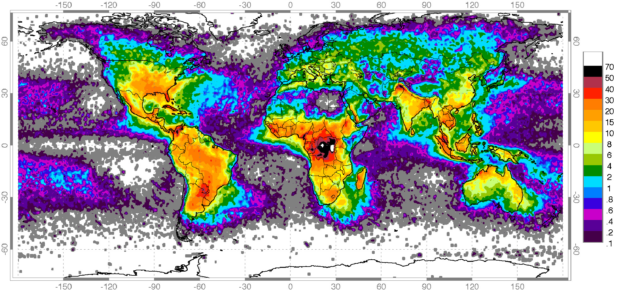 Częstotliwość wyładowań atmosferycznych na Ziemi na podstawie danych satelitarnych NASA zebranych w latach 1995-2003 [liczba wyładowań/km2/rok]. - Wikimedia Commons / Wiedza i Życie.