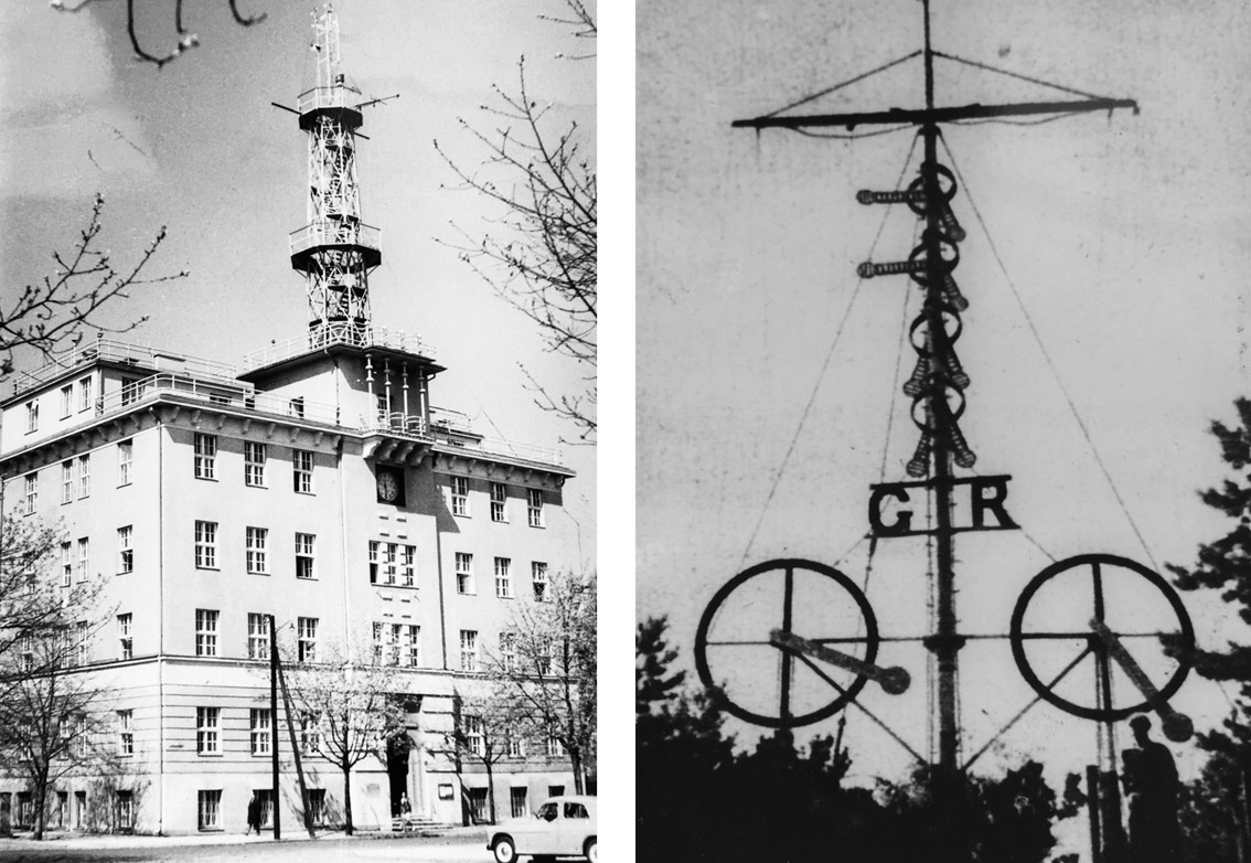 Po lewej: Budynek Oddziału Morskiego PIHM przy ul. Waszyngtona 42 w Gdyni w latach 60. XX w., z widocznym na dachu masztem służącym do umieszczania ostrzeżeń sztormowych (archiwum IMGW). Po prawej: Maszt sygnałowy na Helu; zestawienie sygnałów wskazuje na wiatr w Gdyni o natężeniu 8 st. w skali Beauforta o kierunku południowo-wschodnim, a na Rozewiu poniżej 6 st. w skali Beauforta (archiwum IMGW).