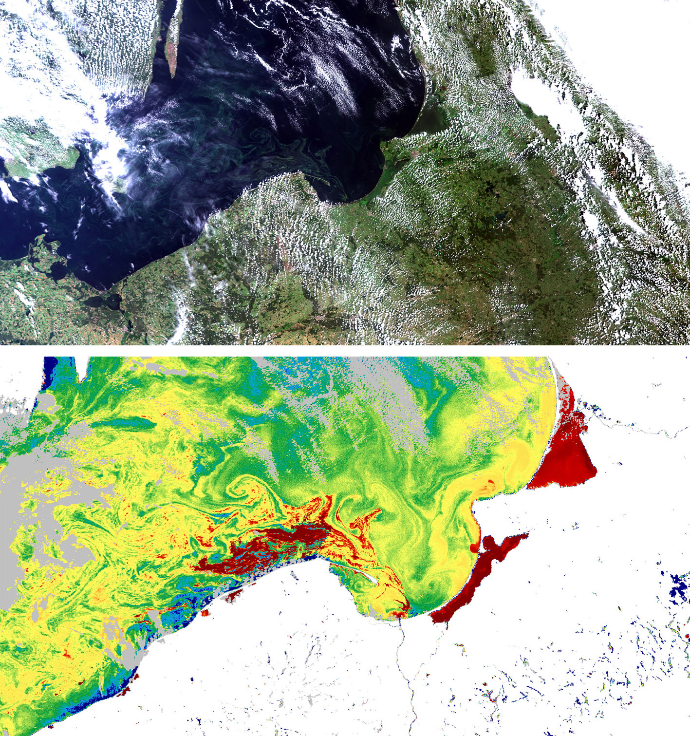 Obrazy z przelotu Sentinel-3; kompozycje barwne RGB True Colors. Subset 2 obejmuje całe nasze Wybrzeże, a Subset 4 jego wschodnią część. Opracowano w ZTS IMGW-PIB.