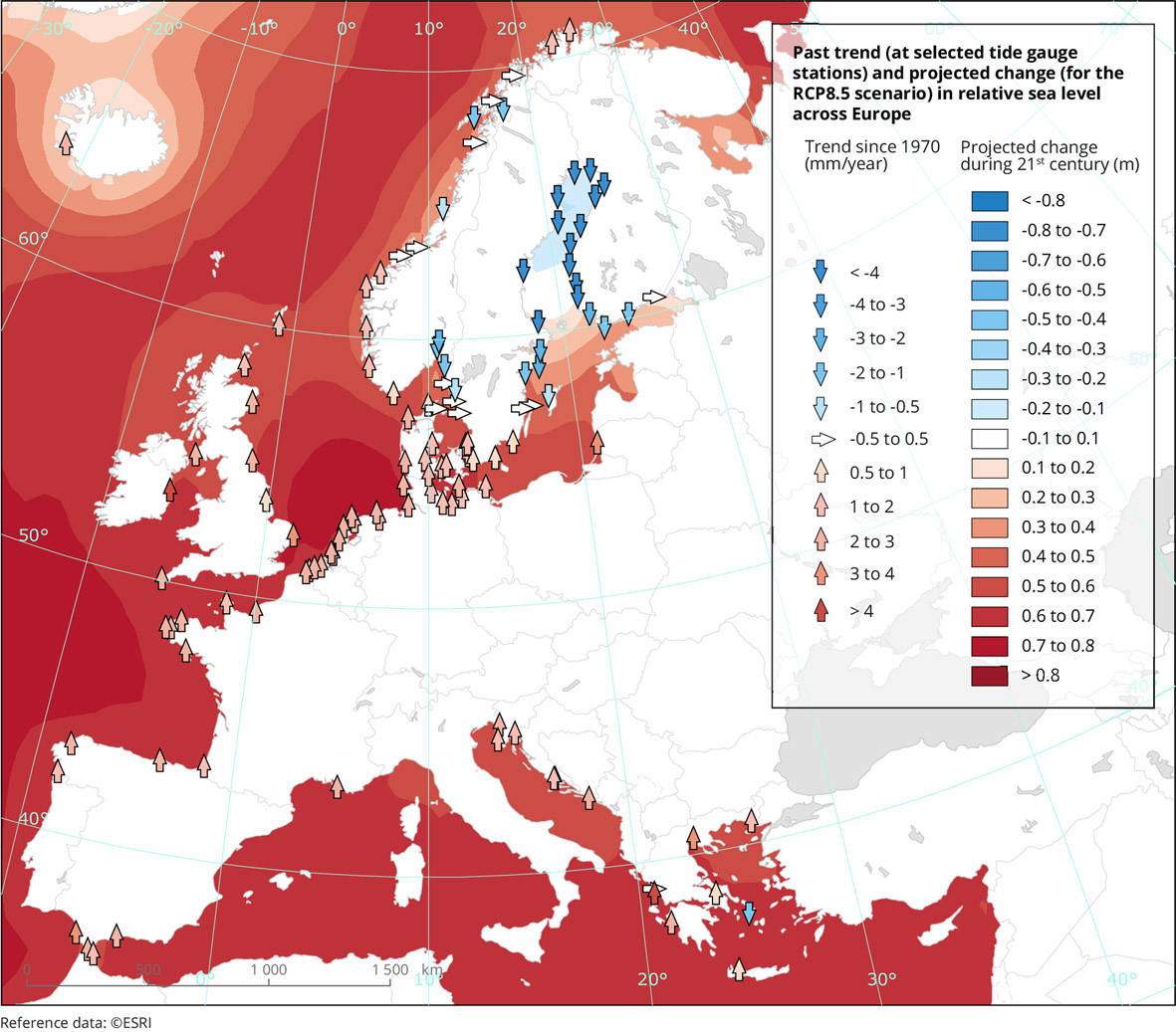 Trendy (mm/rok) i prognozowane zmiany względnego poziomu morza w Europie (źródło: EEA, https://www.eea.europa.eu/data-and-maps/indicators/sea-level-rise-7/assessment).
