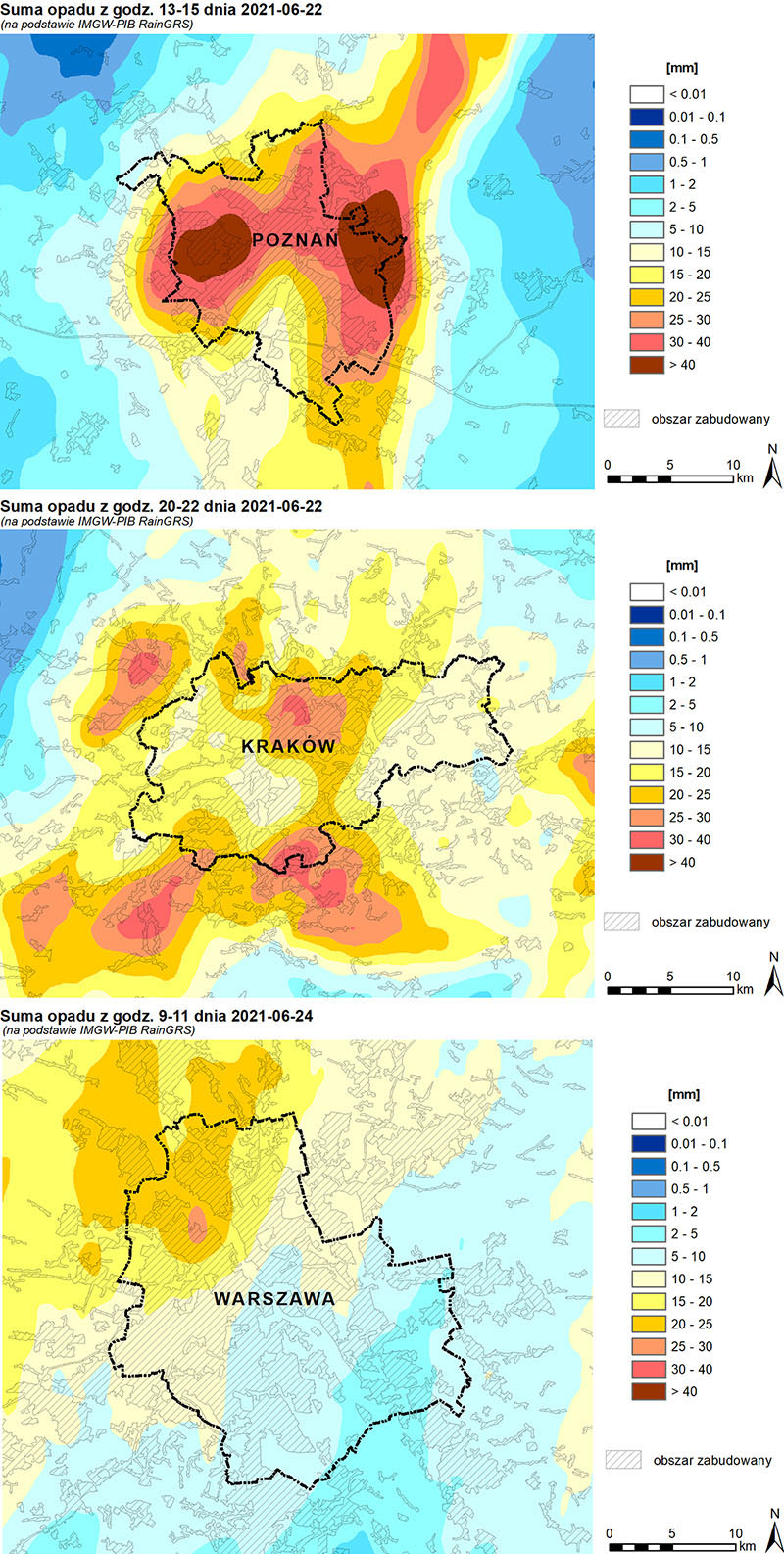 Przykładowe pola 3-godzinnych sum opadów dla wybranych miast podczas intensywnych zjawisk konwekcyjnych, utworzone przy użyciu danych RainGRS.