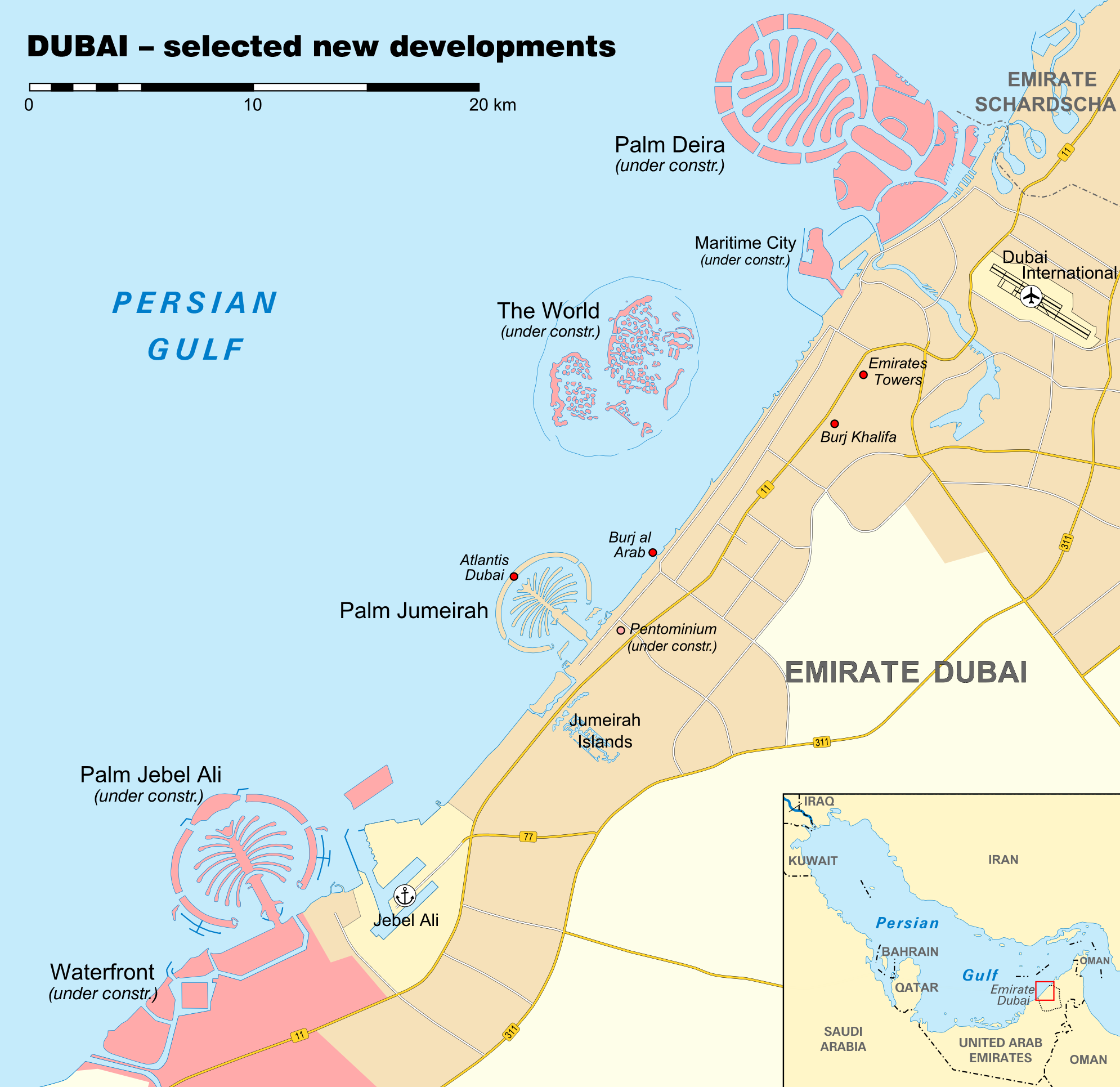 Sztuczne wyspy umożliwiają Chinom ekspansję na Morzu Południowochińskim. Zjednoczone Emiraty Arabskie wykorzystały archipelagi The World i Wyspy Palmowe do promocji turystyki i budowy wizerunku nowoczesnego państwa. Oba przykłady pokazują, jak ważnym surowcem w globalnej układance pozostaje piasek. (źródło https://upload.wikimedia.org/wikipedia/commons/4/48/Dubai_new_developments.png).