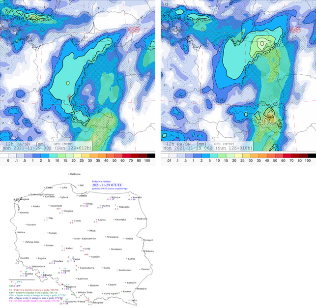 Prognoza sumy i rodzaju opadów na 12 h z model GFS, pola gładkie oznaczają opad śniegu, zakropkowane – deszczu (górna grafika); Pokrywa śnieżna w dniu 29.11.2021 r. o godz. 08:00 (dolna grafika).