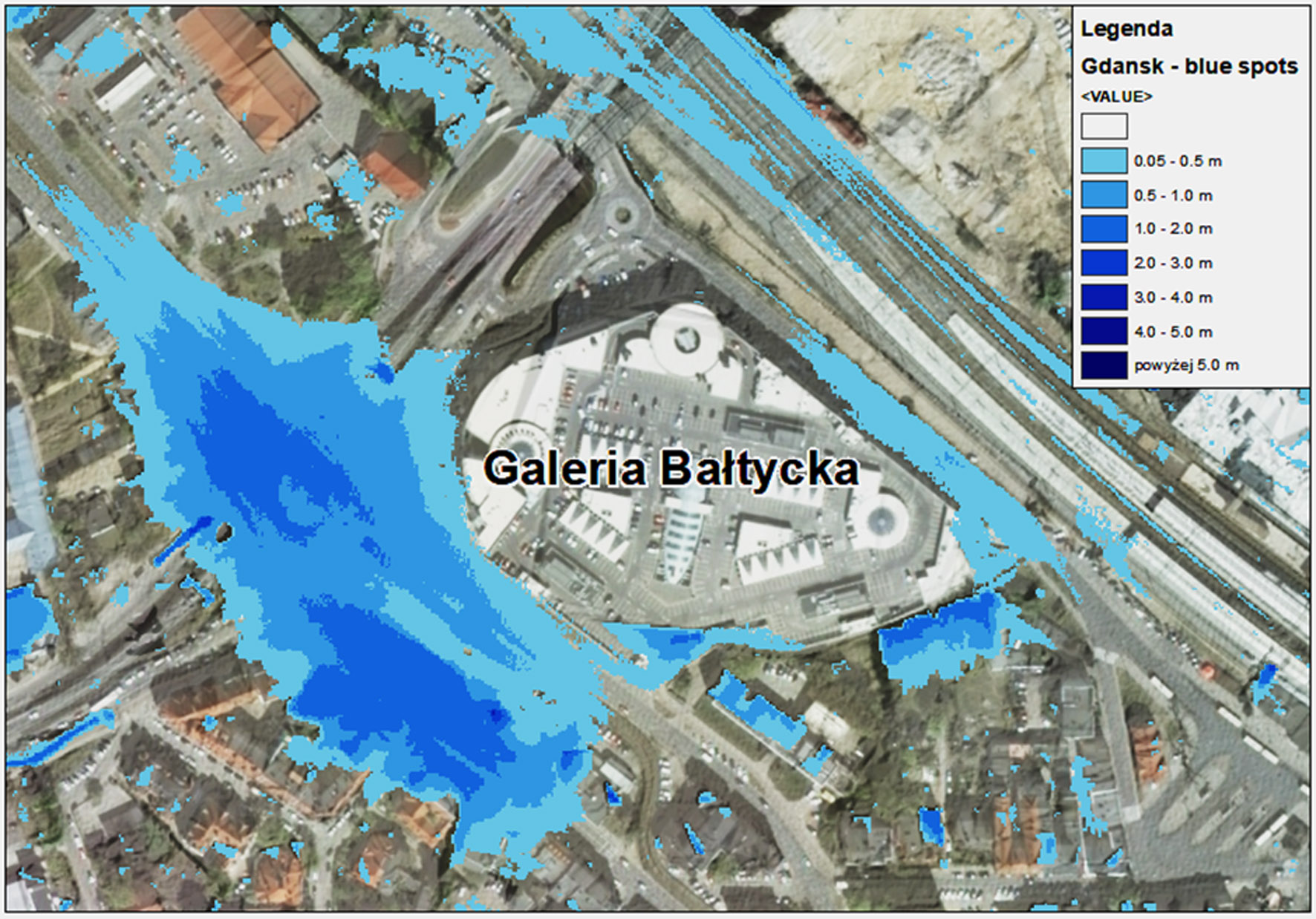 Obszary zagrożenia błyskawicznymi powodziami miejskimi wyznaczone za pomocą oprogramowania GIS – Galeria Bałtycka, Gdańsk Wrzeszcz.