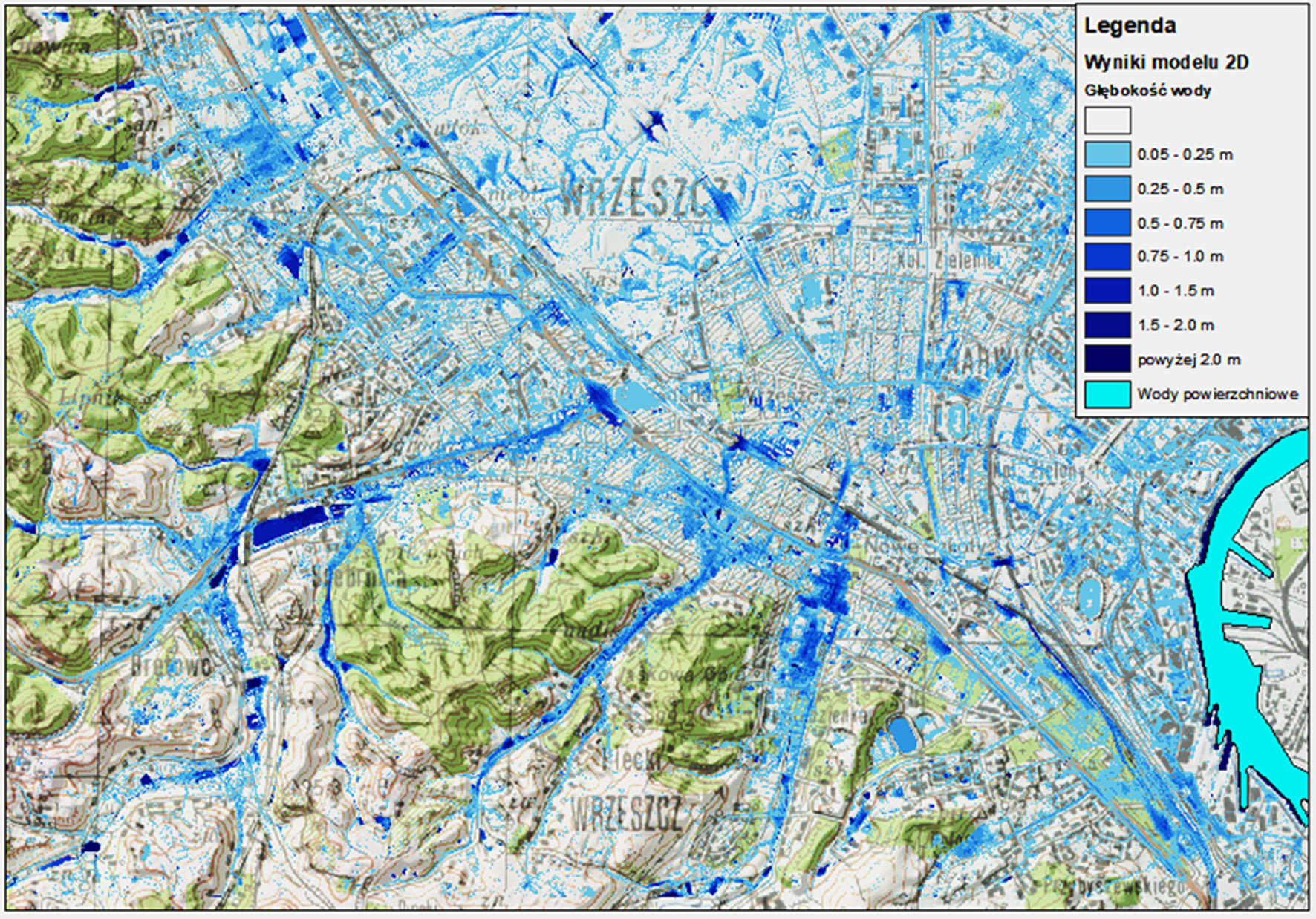 Obszary zagrożenia błyskawicznymi powodziami miejskimi wyznaczone dla Gdańska za pomocą oprogramowania do dwuwymiarowego modelowania hydrodynamicznego.