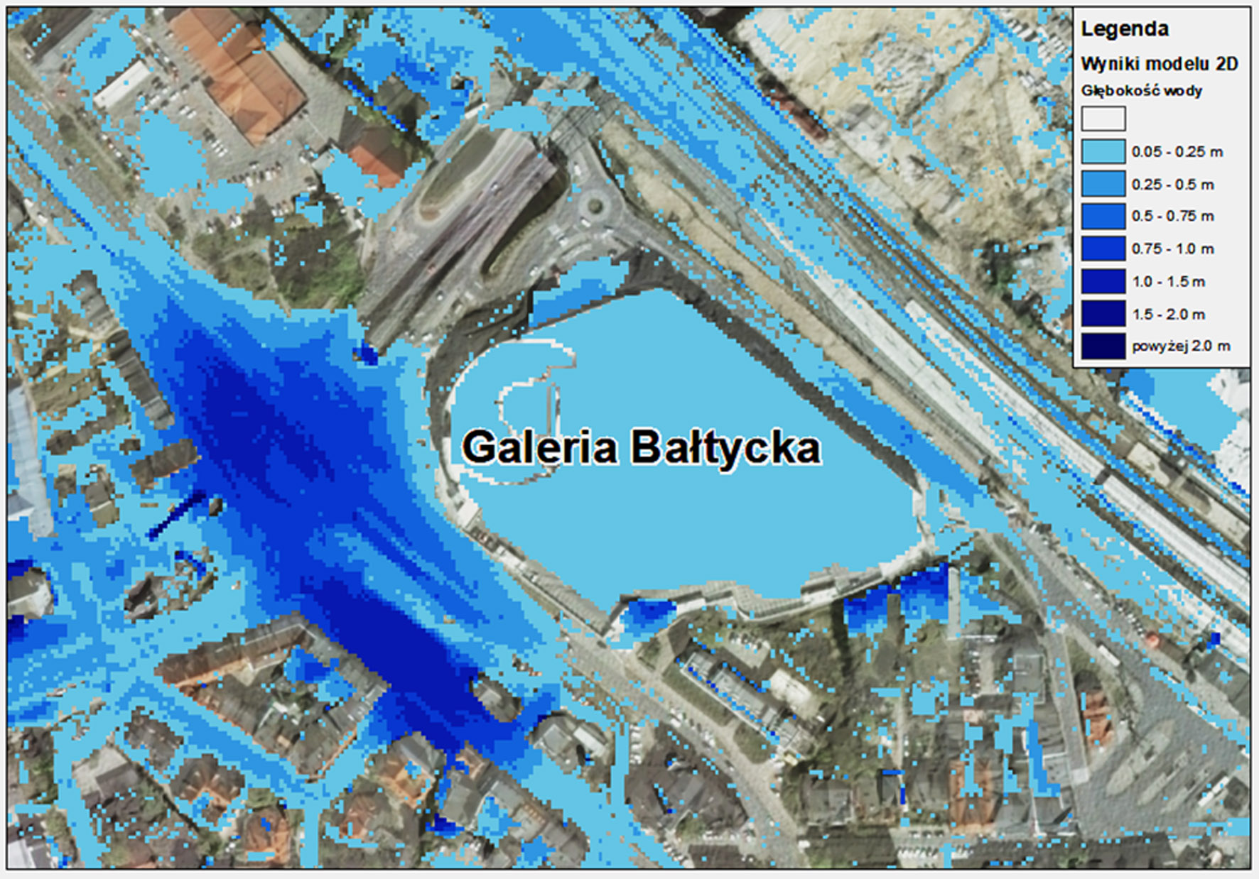 Obszary zagrożenia błyskawicznymi powodziami miejskimi wyznaczone za pomocą oprogramowania do modelowania hydrodynamicznego – Galeria Bałtycka, Gdańsk Wrzeszcz.