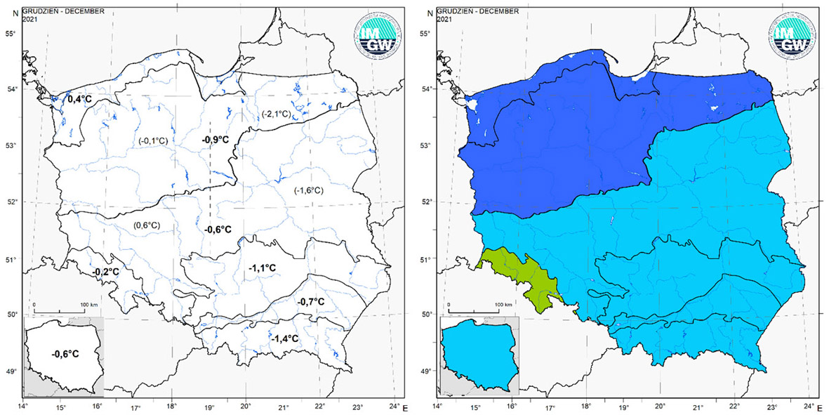 Wartości średniej obszarowej temperatury powietrza oraz klasyfikacja termiczna w grudniu 2021 r. w poszczególnych regionach klimatycznych Polski.