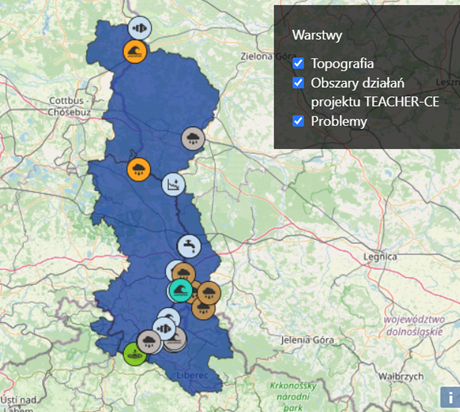 Mapa ze zidentyfikowanymi przy użyciu narzędzia TOOLBOX CC-ARP-CE problemami po polskiej i niemieckiej stronie zlewni Nysy Łużyckiej.