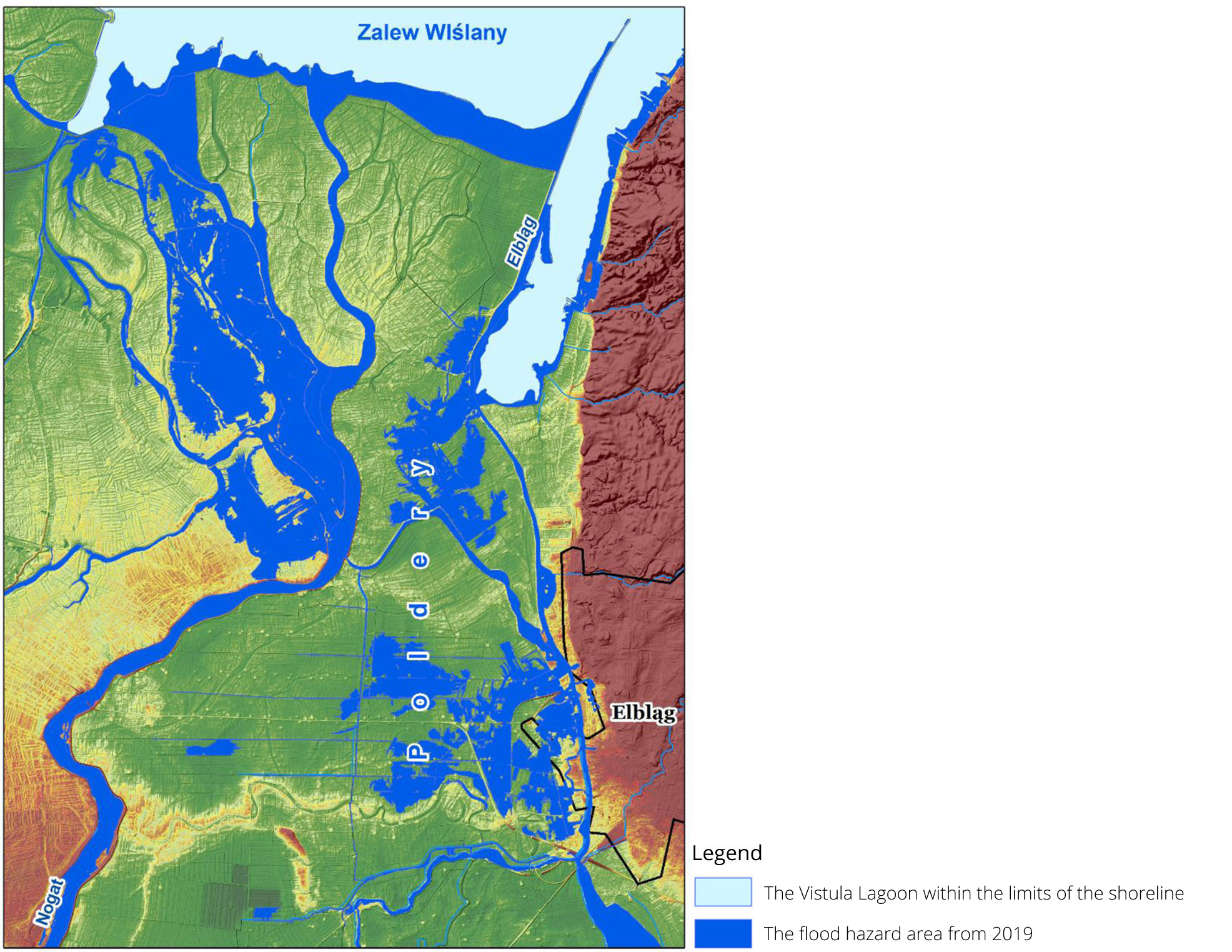 Flood hazard extent p = 1% from the Vistula Lagoon by the methodology from 2019. The flood hazard area was approximately 28.2 km2.