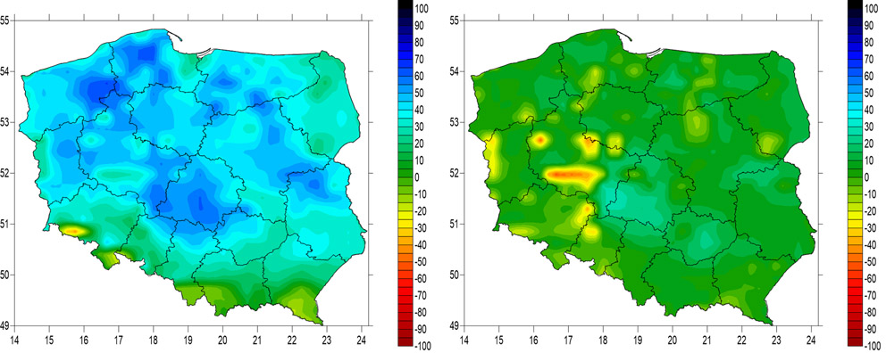Odchylenie wskaźnika wilgotności gleby od średniej z wielolecia w pierwszej dekadzie lutego 2022 roku w warstwach 7-28 cm (lewa mapa) i 28-100 cm (prawa mapa); na podstawie danych satelitarnych.
