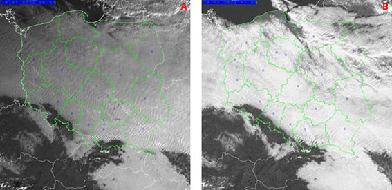 Obraz w kanale HRV METEOSAT/SEVIRI, 14.01.2022, godz. 08:00 UTC (A) i godz. 11:00 UTC (B). Na obrazach satelitarnych z godzin porannych widać, że większość obszaru Polski pokryta była chmurami warstwowymi niskiego i średniego piętra. Jedynie na północnym wschodzie widoczne były chmury konwekcyjne, które w ciągu dnia przemieszczały się w kierunku południowo-zachodnim.