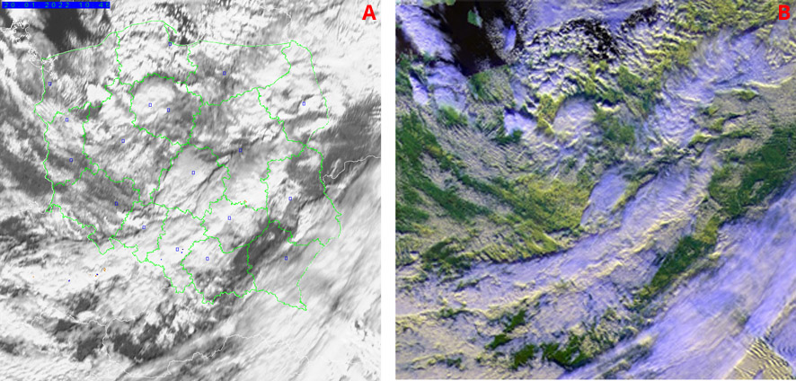 (A) Obraz w kanale widzialnym HRV METEOSAT/SEVIRI z nałożonymi wyładowaniami, 20.01.2022 r., godz.10:45. (B) Kompozycja RGB True color z danych SNPP/VIIRS, 20.01.2022 r., godz. 10:59 UTC. System PERUN zarejestrował ostatnie tego dnia wyładowania atmosferyczne o godz. 10:45 wzdłuż czoła pasma chmur konwekcyjnych widocznych, zarówno na obrazie w kanale HRV jak na kompozycji RGB True color.