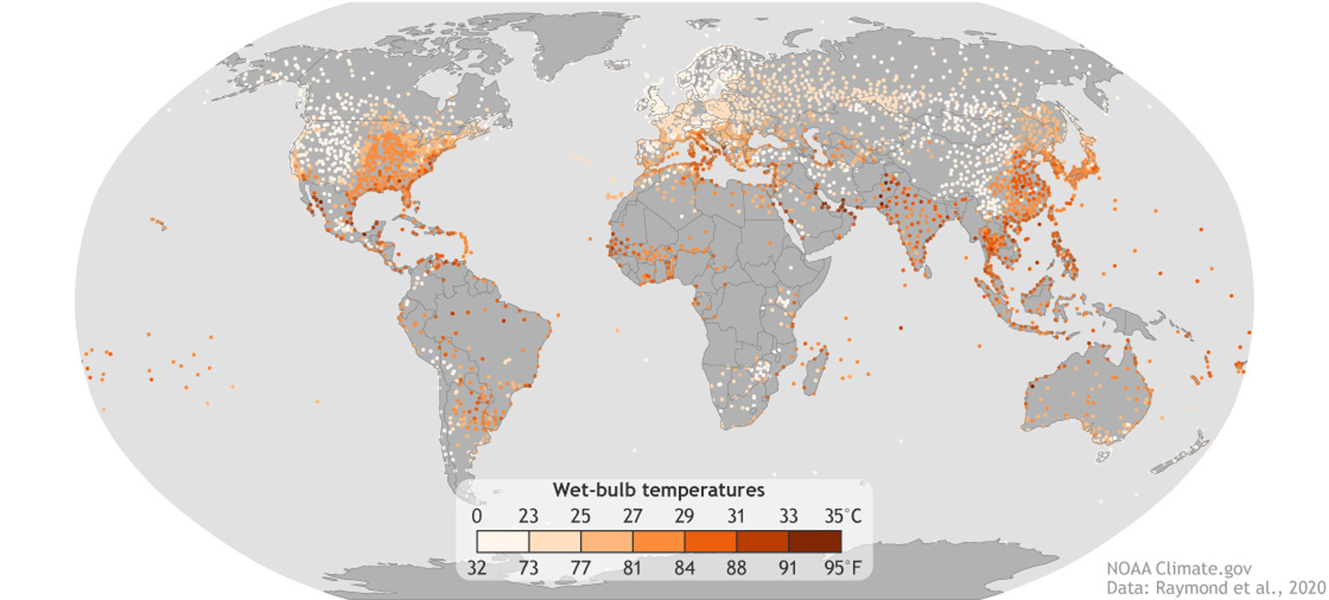 Na mapie wskazano miejsca, w których w latach 1979-2017 wystąpiły epizody wysokiej temperatury i wilgotności powietrza (najgorętsze 0,1 proc. dziennych maksymalnych temperatur termometru wilgotnego). Niektóre obszary – jak Indie, Australia, czy tez kraje Zatoki Perskiej i Ameryki Środkowej – doświadczyły już warunków na poziomie lub w pobliżu granicy 35°C (95°F).