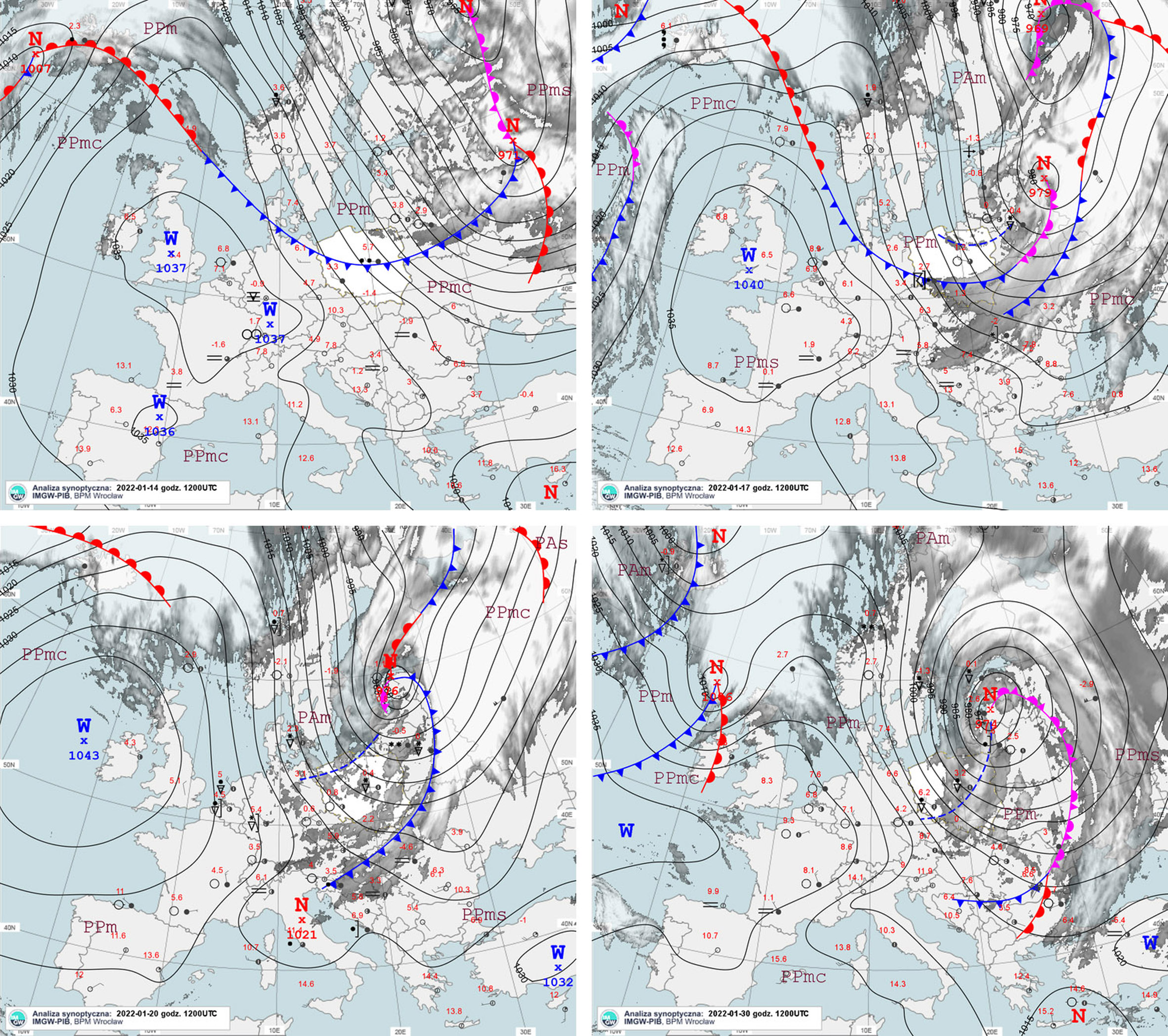 The baric situation at 12:00 UTC on January 14, 17, 20, and 30. In all of the images, you can see a similar pattern: a strong high over Western Europe and deep low over Russia, a large pressure difference over Poland and dynamically moving, active front lines, followed by a rapid flow of polar or arctic maritime air. What distinguishes January 30, 2022, is the huge pressure difference over Poland, which at times exceeded 30 hPa. A secondary atmospheric front with the flowing arctic maritime air behind it once again created favorable conditions for thunderstorms. However, the main danger that day was a strong wind.