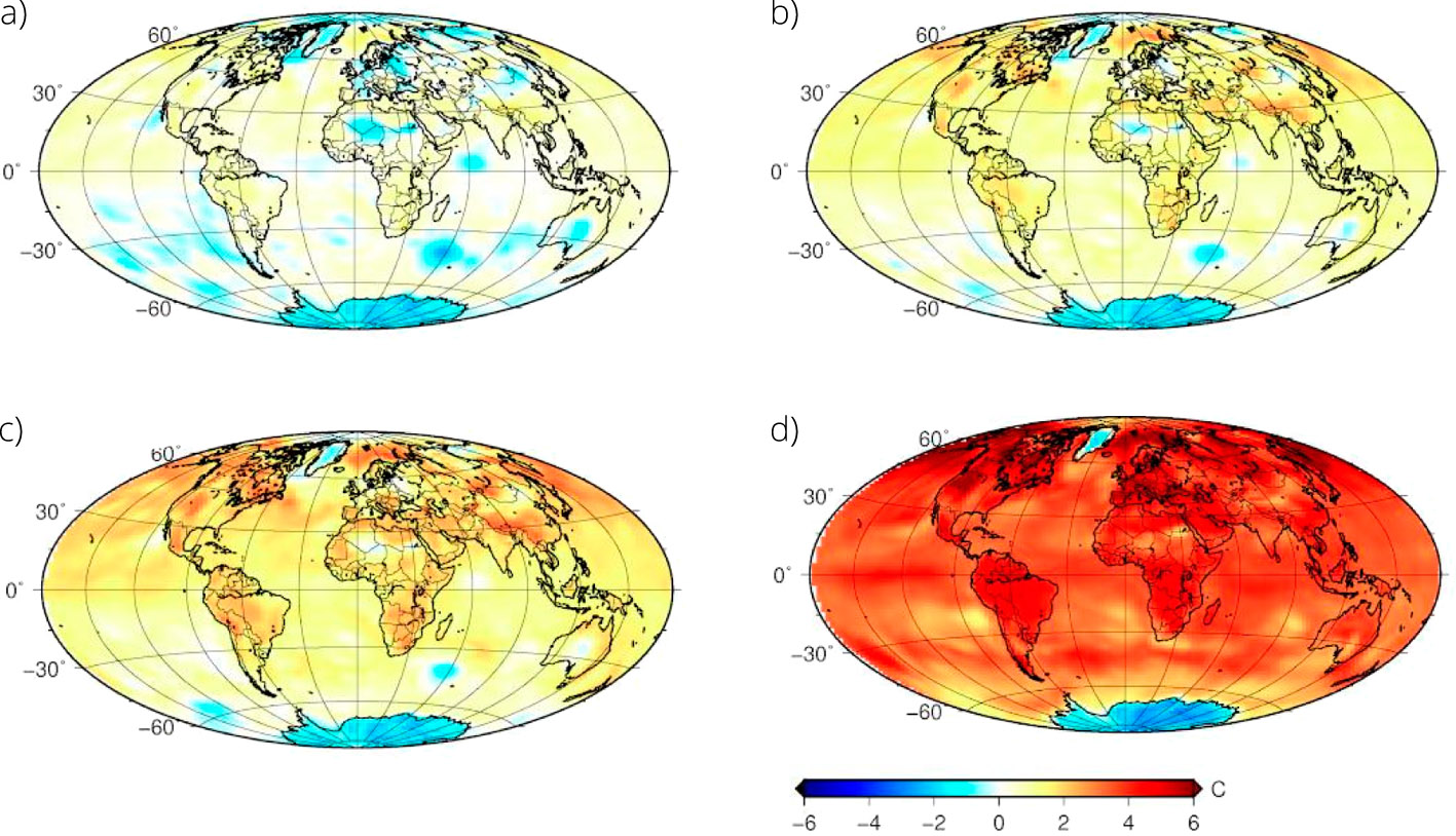 Przewidywana zmiana maksymalnej miesięcznej wartości WBGT w okresie 2091-2010 w stosunku do średniej z wielolecia 1948-2010 w różnych scenariuszach klimatycznych: a) RCP2.6, b) RCP4.5, c) RCP6.0, d) RCP8.5. (źródło: Projected changes in Wet-Bulb Globe Temperature under alternative climate scenarios).